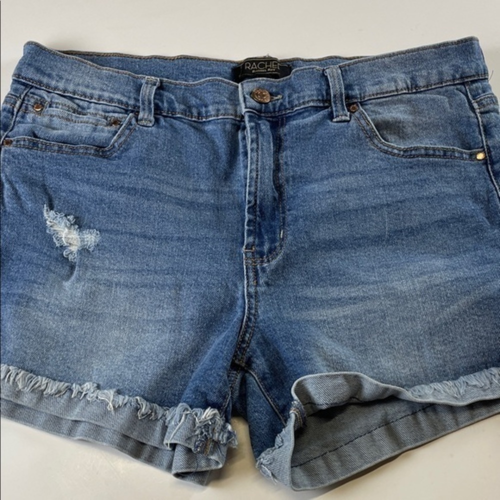 Rachel Roy Denim Shorts Women’s 12 Mid Rise Distressed Frayed Hem Stretch